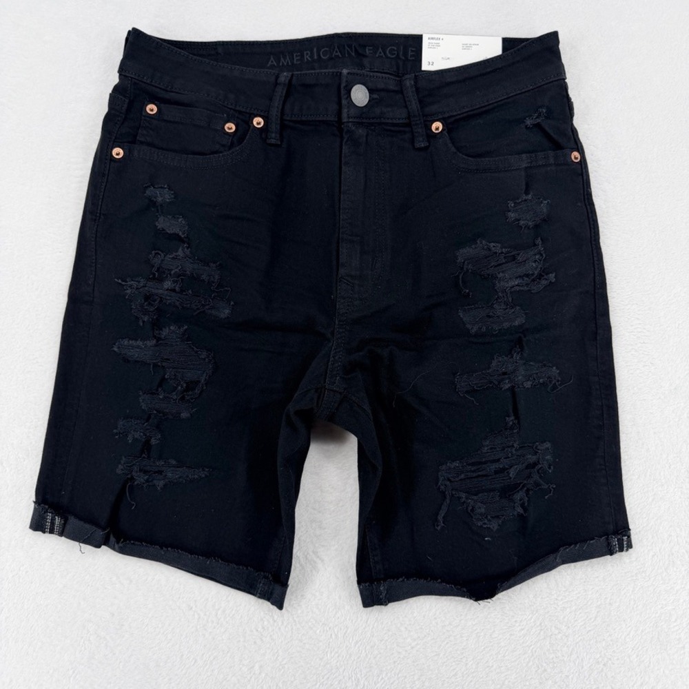 American Eagle AirFlex+ Black Distressed Jean Shorts 32 NWT